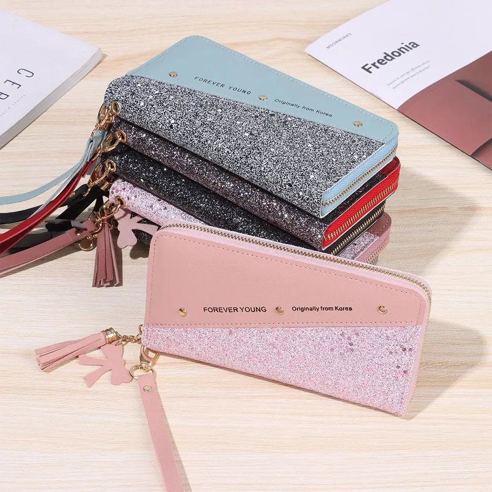 

Лоскутный длинный женский кошелек с бриллиантами и кисточкой, держатель для карт, кошельки на молнии, клатч, сумочка, кожаный кошелек