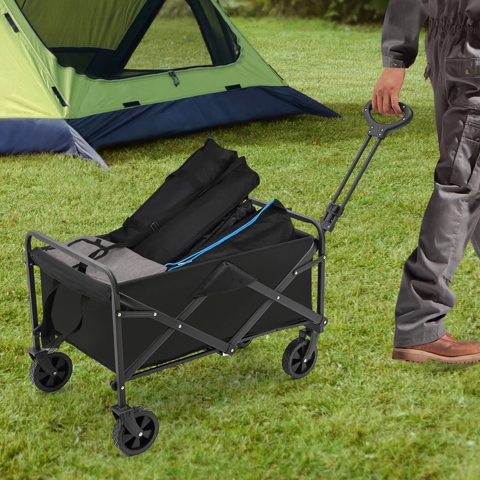 Schwarzer kleiner 5-Zoll-Gummirad-Klappwagen, Mehrzweckwagen, Strandwagen mit 5-Zoll-Gummirädern, Camping für Outdoor-Aktivitäten usw – Detail 40