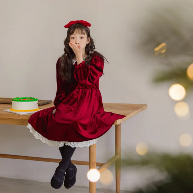 

Осень 2024, новое бархатное платье для девочек-подростков, зимние детские кружевные платья принцессы с цветочным воротником, Детская элегантная красная одежда с длинным рукавом