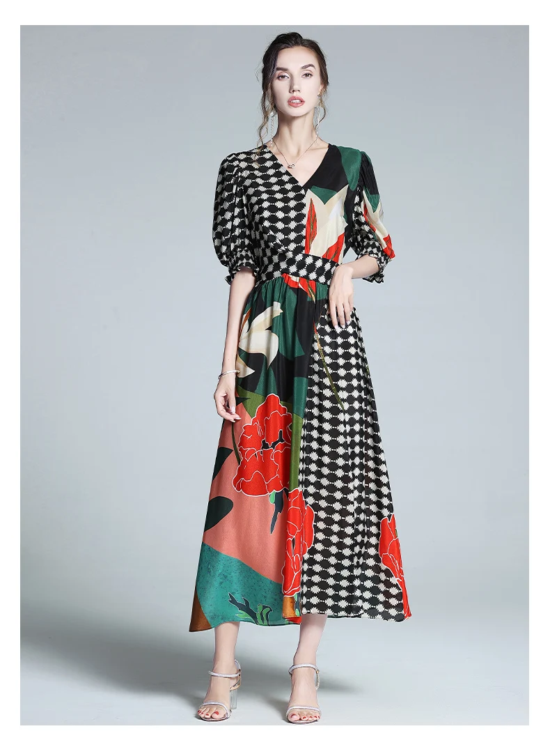 

Spring Autumn Long Bandage Print Dress For Women New V Neck Full Sleeve Hight Waist Winter Maxi Dresses Ladies Elegant