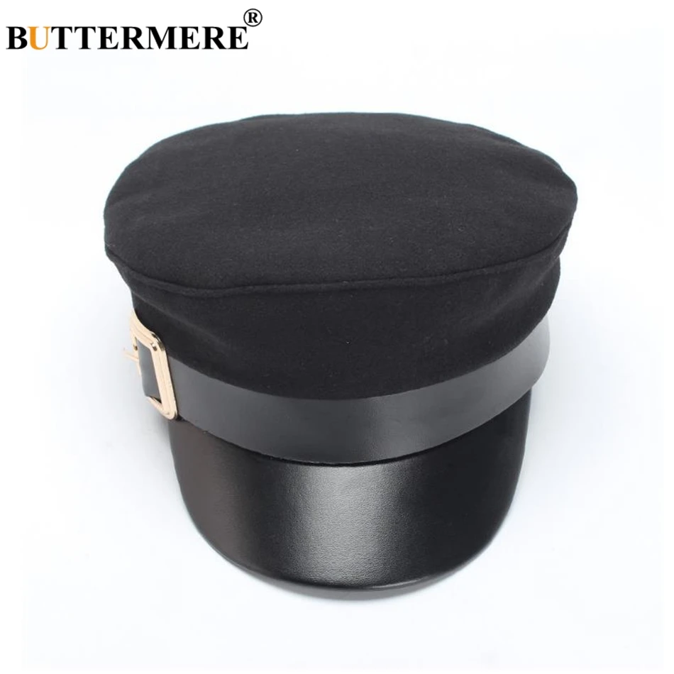 BUTTERMERE Military Hat Women Army Cap Woolen Patchwork Leather Black Baker Boy Hat Spring Autumn Brand Sailor Flat Top