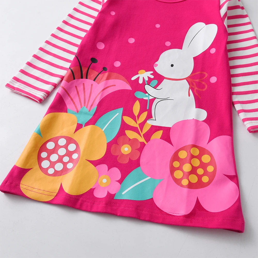 DXTON Spring Autumn Toddler Dresses For Girls Striped Sleeve Casual Kids Dress Floral Printed Rabbit Cartoon Children Clothing