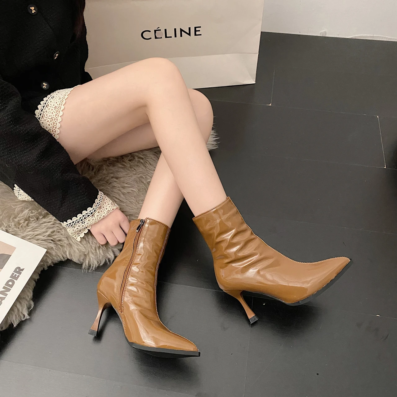 2023 Shiny Patent Leather Mid-Calf Boots Women Sexy High-heel
