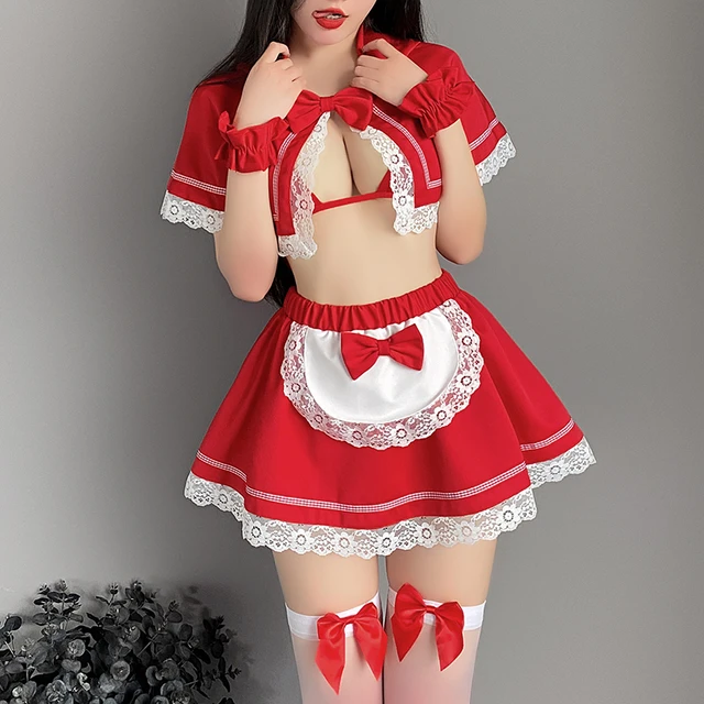 Porn Women Sexy Lingerie Maid Uniform Outfits Cosplay Exotic Costumes  Christmas Red Santa Open Chest with Lace Skirt - AliExpress
