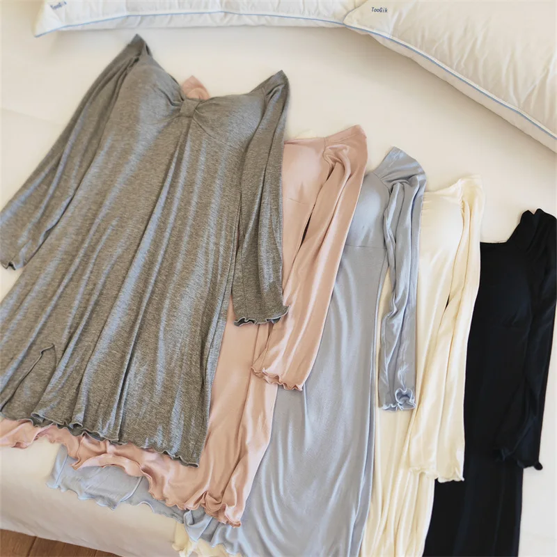 Sanftes Nachthemd für Damen, Lounge-Modal-Schlafhemd, Frühling, Herbst, Winter, langärmeliges Kleid, Brustpolster, Heimkleidung, Nachthemd – Detail 13