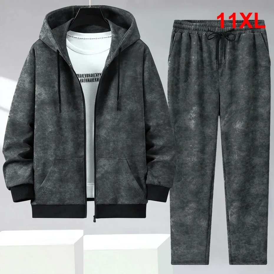 Men's Plus Size Drawstring Zip Up Hooded Top and Pants Set