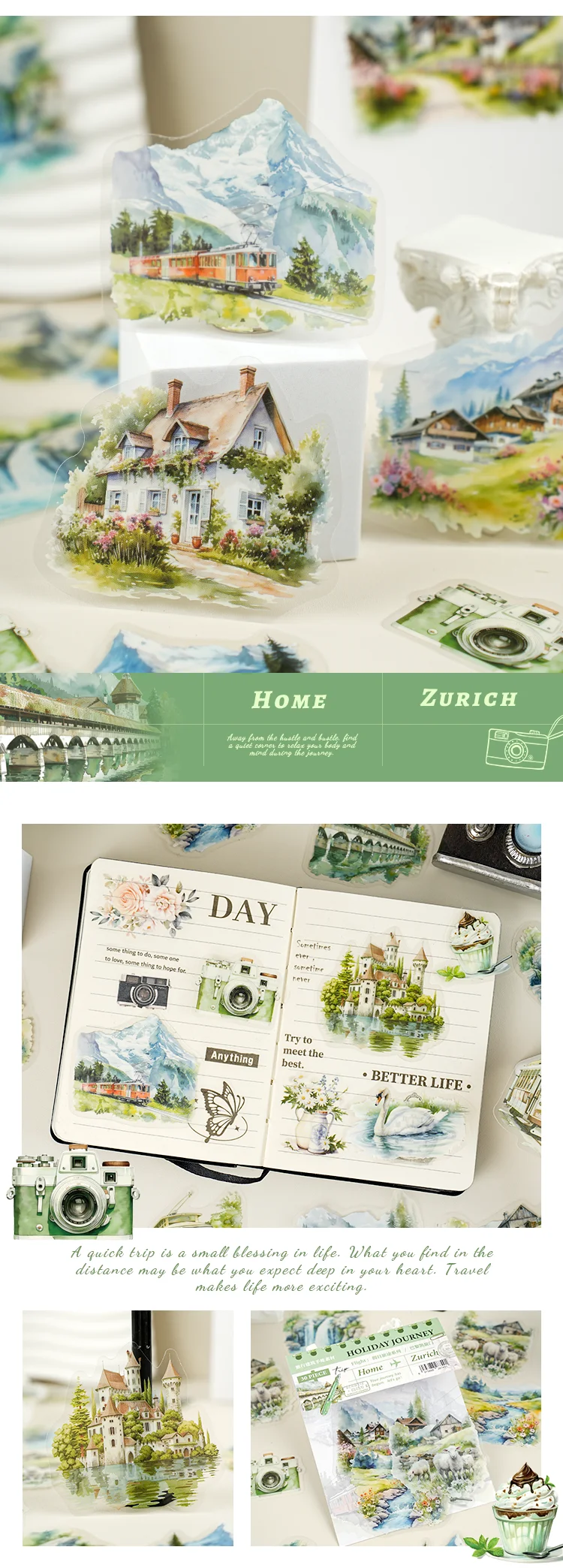 30pcs/pack PET Clear Sticker Bag Travel Around World London Paris Swiss Thai Maldives Landscape Journaling Scrapbook Collages