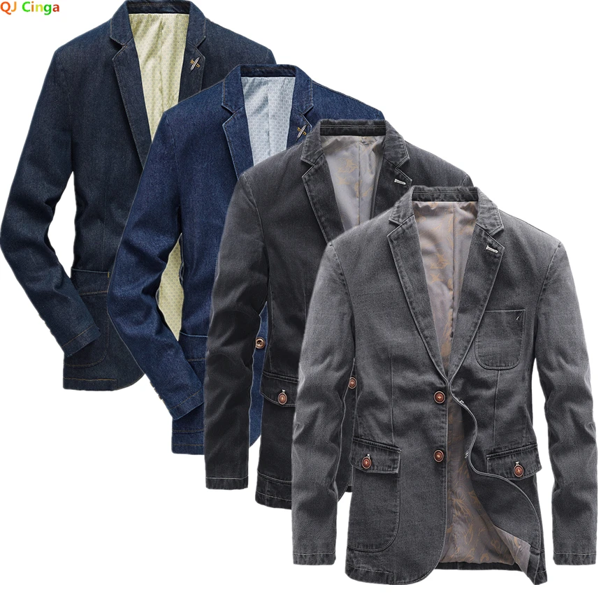 

Gray Denim Blazer Jacket Men's Single Breasted V-Neck Casual Jacket Black Blue Blazers Spring / Autumn Male Overcoat S-3XL 4XL