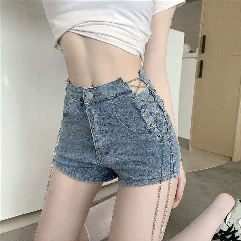 Preppy Style Fashion Chain Lace-up Denim Shorts Women Summer 2022 New Sexy High Waist Straight Shorts khaki shorts