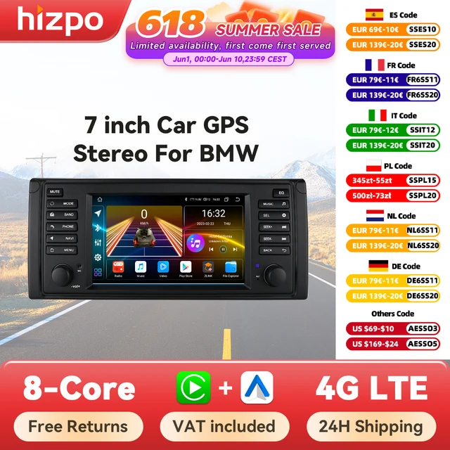 Hizpo systèmes intelligents de voiture pour BMW série 5 E39 X5 E53 M5 1996-2003 multimédia 2din Autoradio Android 13 Auto Carplay 7862 4G 1
