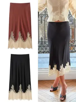 HH Elegant Women Patchwork Lace Hem Satin Skirt Fashion Female Spring and Autumn High Waisted Side Zipper Slim Fit Midi Skirt