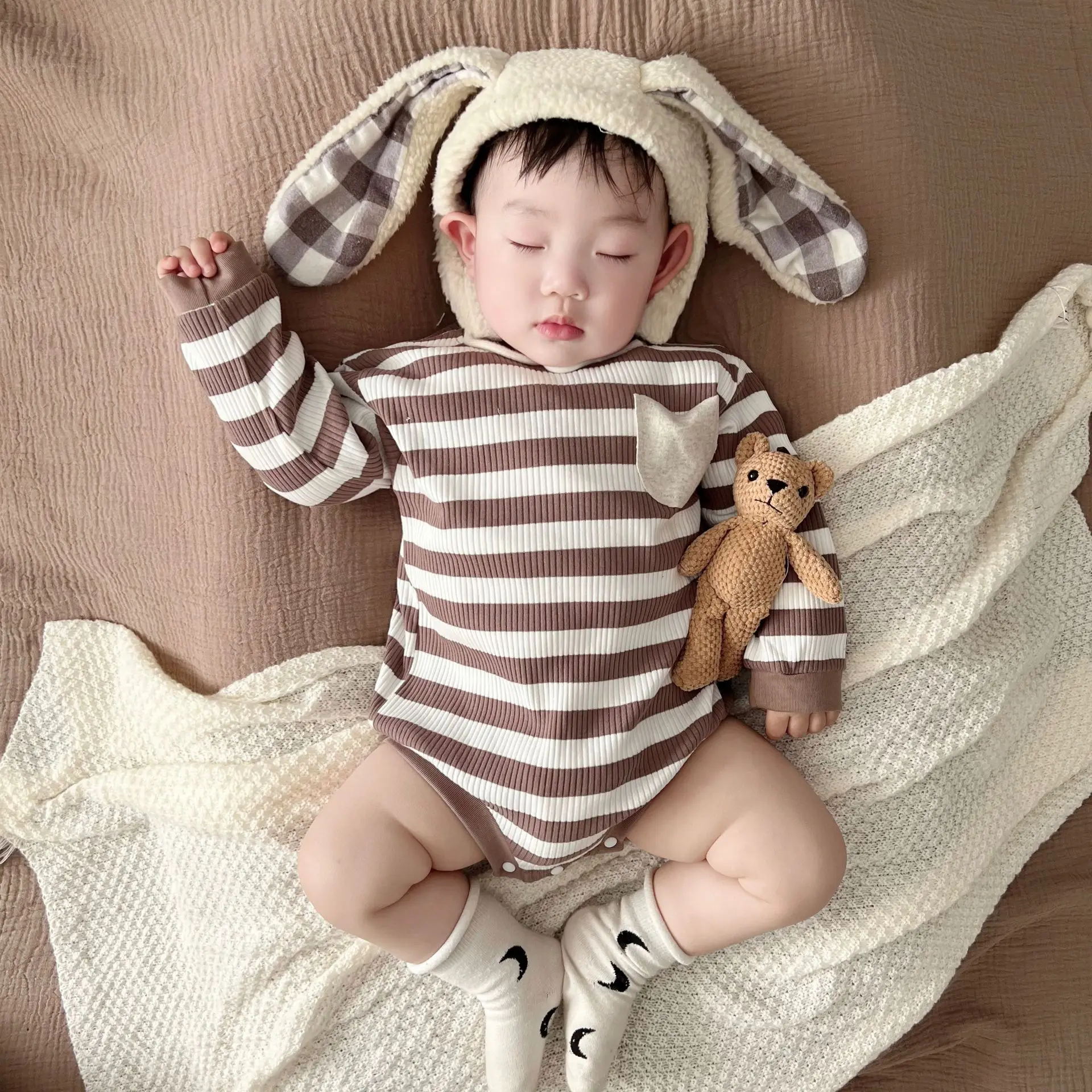 

2024 Spring New Baby Long Sleeve Casual Bodysuit Newborn Toddler Fashion Striped Jumpsuit Cotton Infant Boy Girl Clothes 0-24M