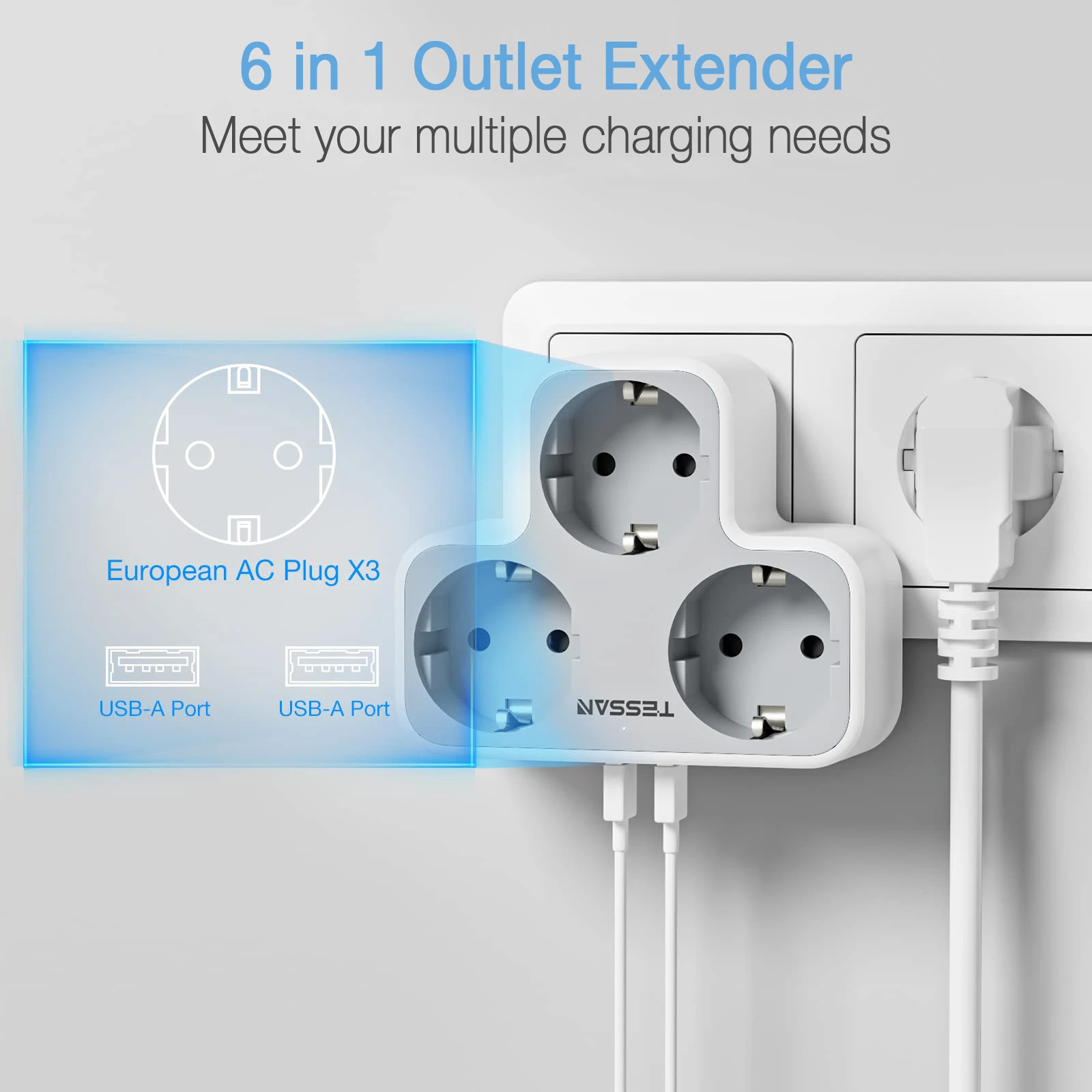Plug Adapter Wall Socket Extender TESSAN Multiple Wall Socket Extender with 3 Outlets 2 USB Ports 5-in-1 European Plug Socket Adapter Wall Charger for Home Office
