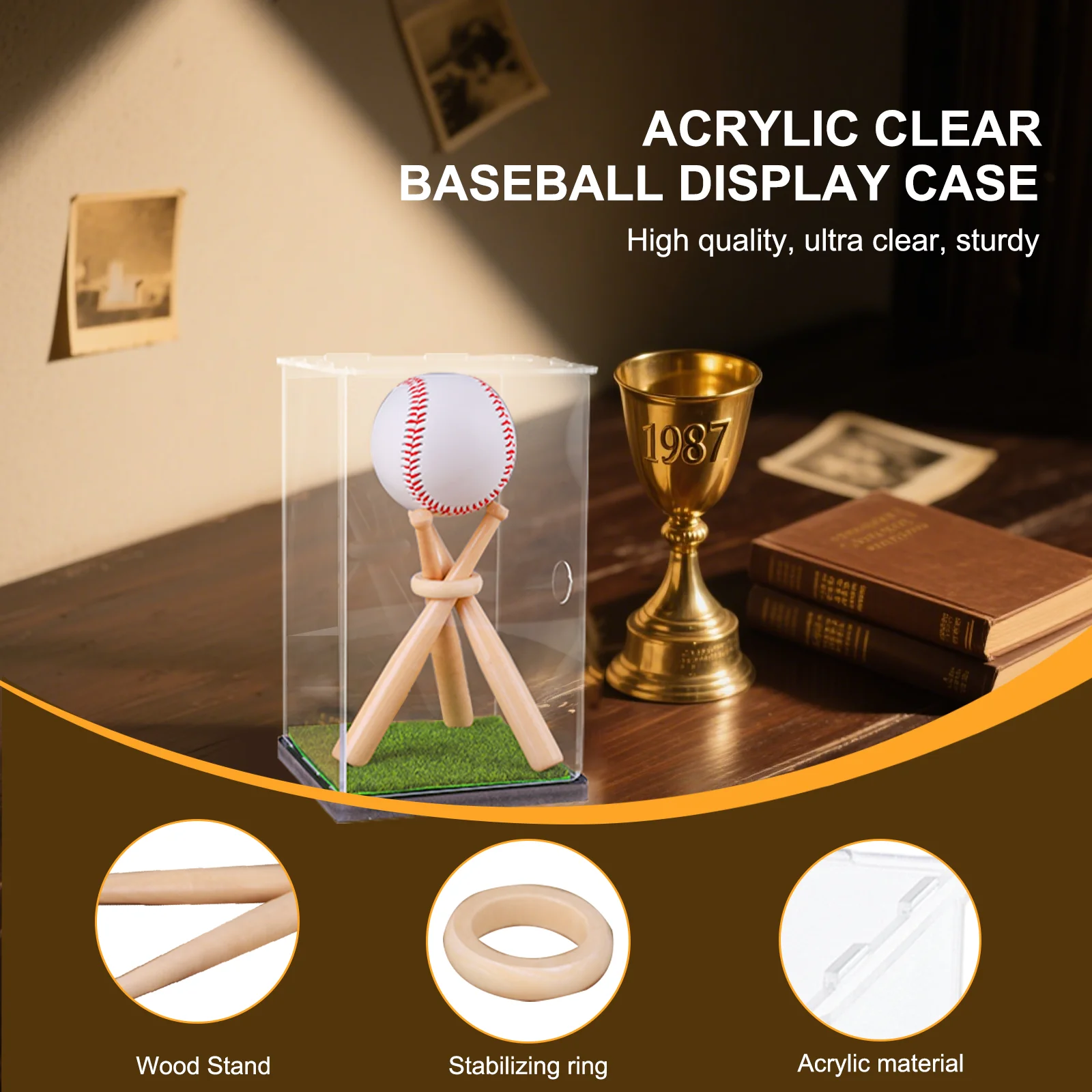 Baseball Display Case with Wood Stand Game Ball Holder Clear Acrylic Collectibles Box Gift for Autograph