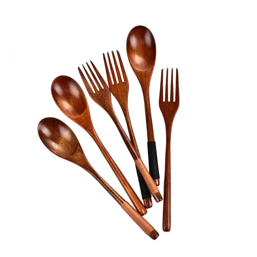 Natural Wooden Spoon Wooden Fork Rice Soups Spoon Utensil Cereal Fork Dinnerware Cutlery Cookware Kitchen Accessories