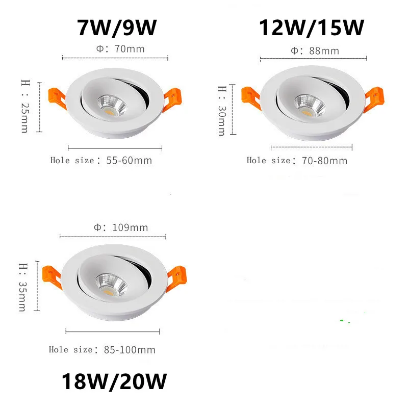 Embedded Dimmable LED Downlights 7W 9W 12W 15W 18W 20W 360&deg; Adjustable COB Ceiling Lamps Spot Lights AC90~260V led downlight recessed ceiling spotlight ceiling lamps