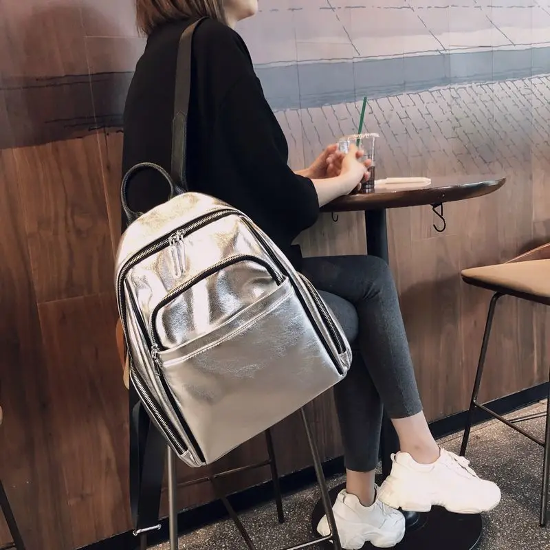 

Mochila Mujer Mochila Women Genuine Leather Backpack Outdoor Travel Packsack Daily School Bag Fashion Silver Backpack Women