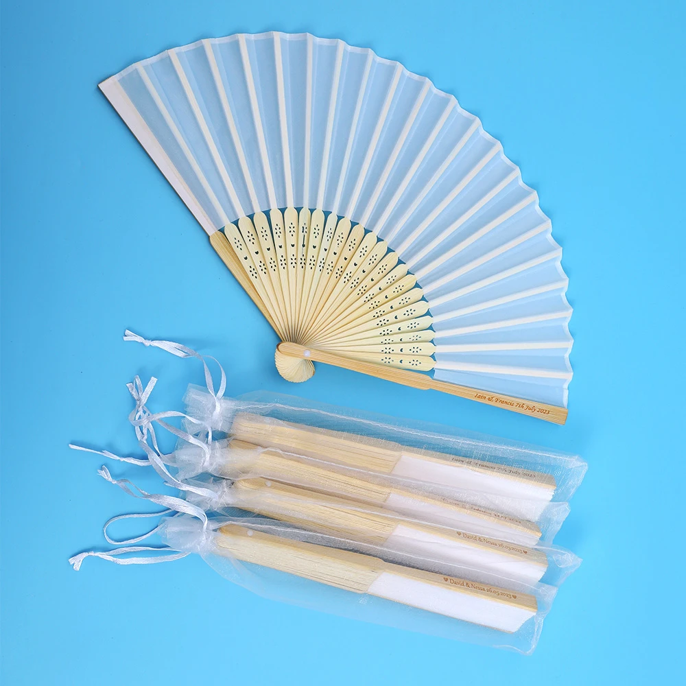 Folding Fan 20 /80 PCS Personalized Engraved White Folding Silk Hand Fan with Gift bag Wedding & mariage abanicos para boda