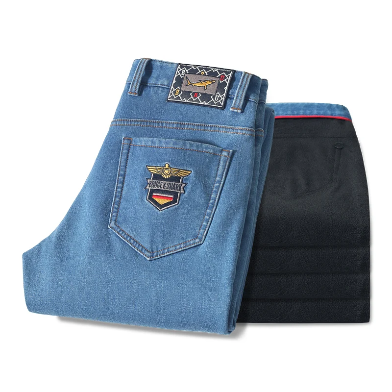 2024 Winter New Straight Leg Black Fleece Lining Jeans for Men Bruce&Shark Stretch Mid-Waist Velvet Denim Casual Mens Jeans 4
