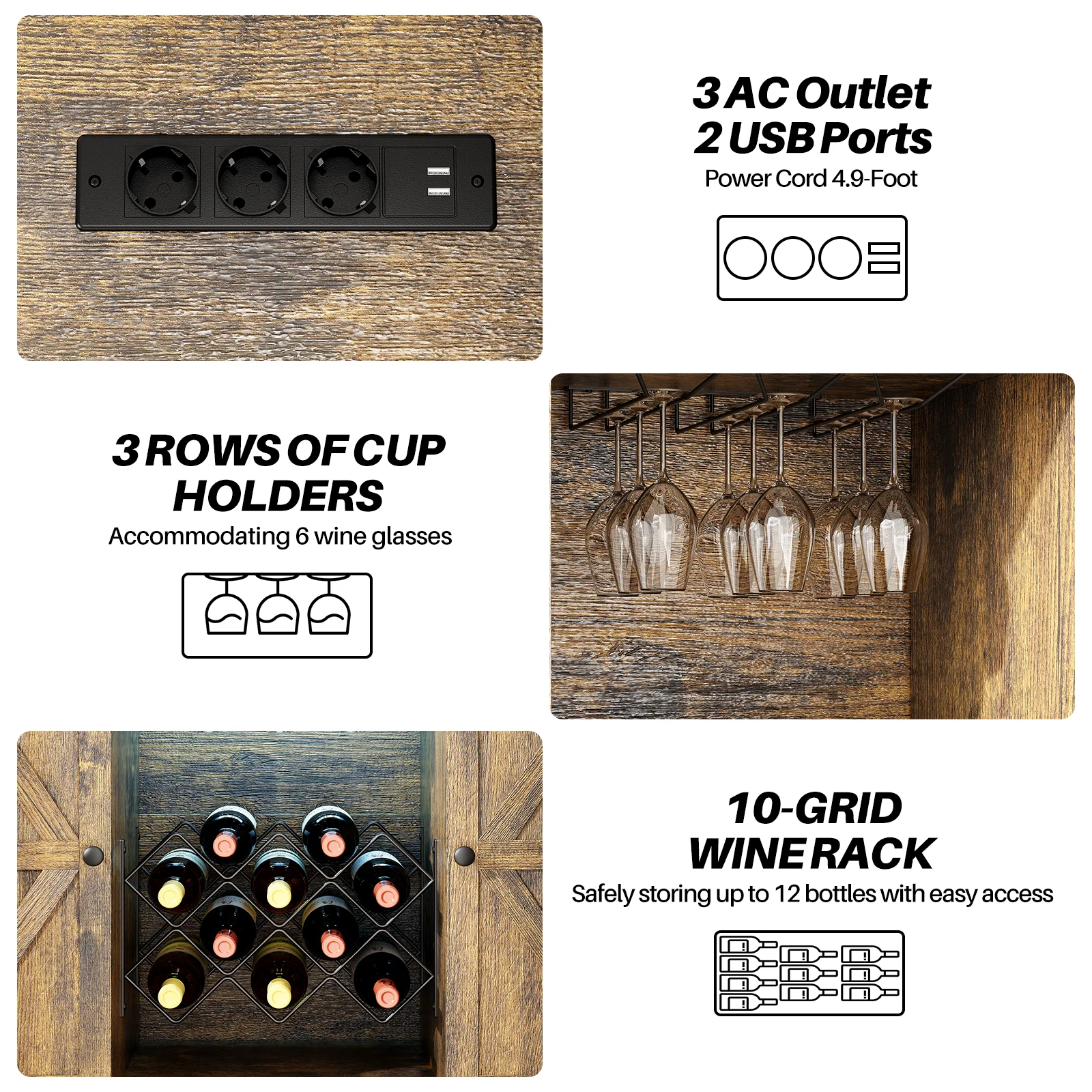 Redlife Bar Cabinet w/ Power Outlets Liquor Cabinet w/ LED Light Glass Holder Industrial Storage Buffet for Home Kitchen