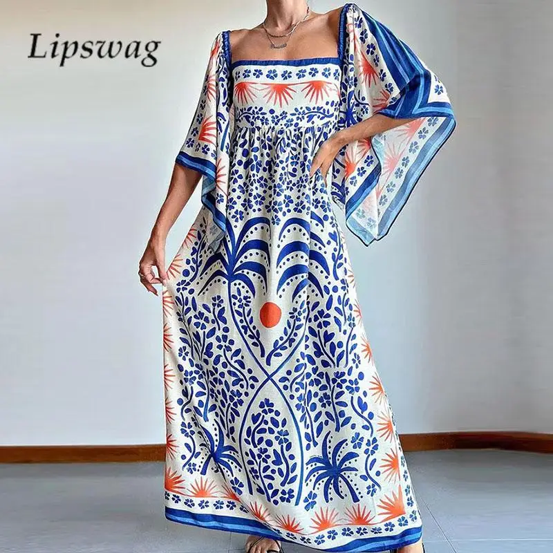 

Fashion Square Neck Bat Sleeve Long Dress Casual Pattern Printed Ladies Loose Dress Spring Summer Tube Top Waisted Big Hem Dress