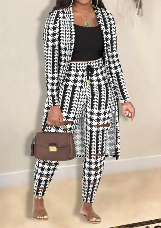 

Women's 3PCS Outfits Suit European & American Casual Fall Fashion Cami Top & Houndstooth Print Pants Set with Coat for Women