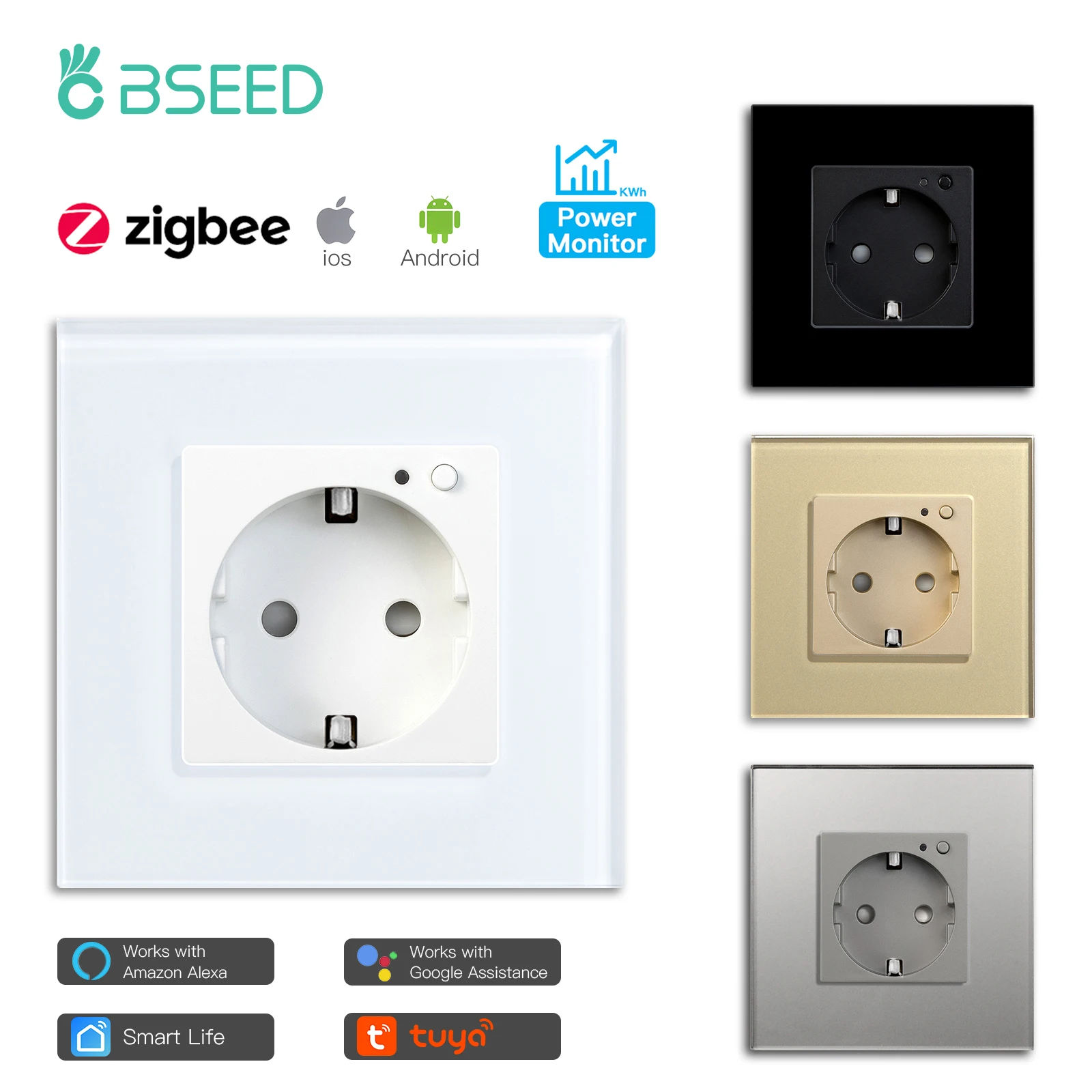 Bseed eu Zigbee Energy Monitor Tomada de Parede Quadro de Vidro de Cristal Duplo Tomadas Inteligentes Google Home Alexa Vida Inteligente Controle de Voz