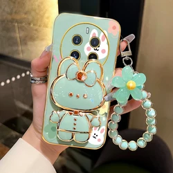 Luxury Floral Rabbit Makeup Mirror Phone Holder Case with Stand - Elegant Design for Realme 12 Pro Plus (Green)