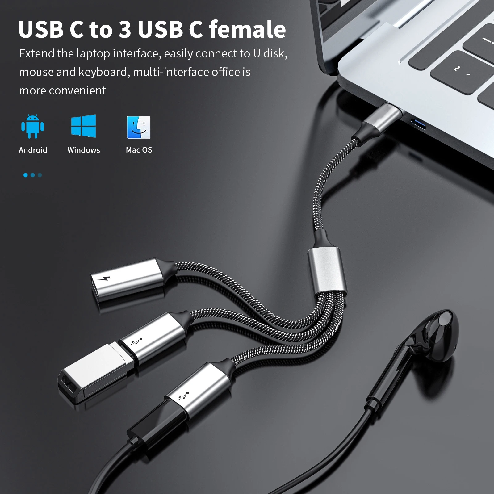 USB C to USB C Female PD 60W Splitter Y Cable Male to 3 USB-C Female Cord Converter for Laptop Mac Xbox One Series X/S PS5