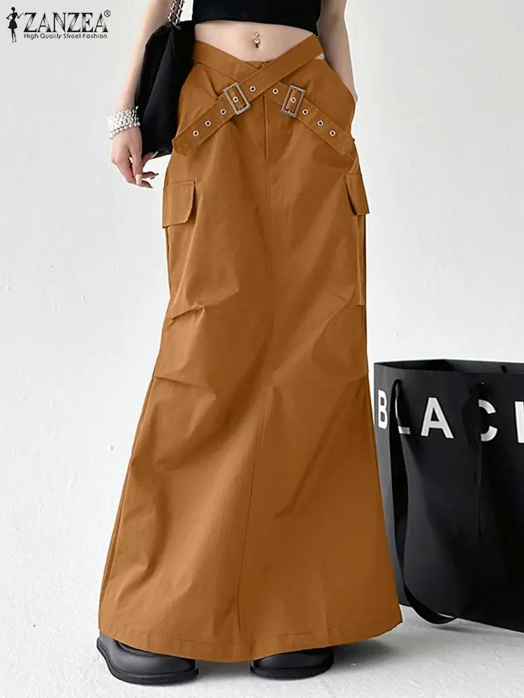 

ZANZEA Women Y2K Cargo Skirts Fashion Multi-Pocket Special Jupe 2023 Autumn Cross Belted Faldas Holiday Solid Wrapped Maxi Skirt