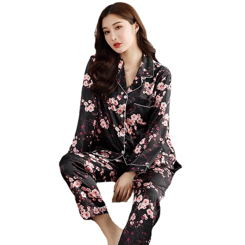 Autumn Women pijama Faux Silk Sleepwear Satin Pajamas Set Long Sleeves
