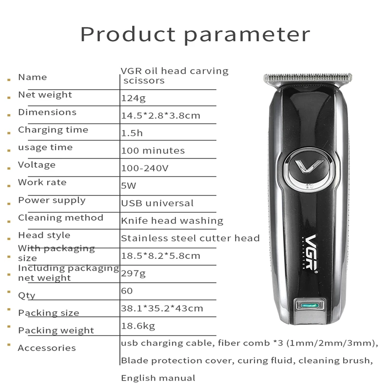 VGR V-168 Hair Clipper Professional Personal Care  USB Salon Washable Barber For Haircut Machine Trimmer For Men Beard VGR 168 3