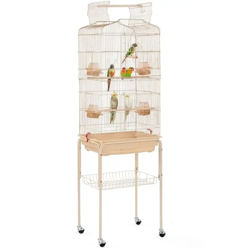 

64" H Rolling Metal Birdcage with Slide-Out Tray Open Top, Almond Easy cleaning