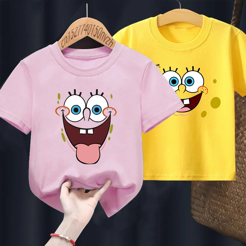 

SpongeBob SquarePants Kids Short Sleeve T Shirts Boy Girl Cotton Expression T-shirt Cartoon Clothes Summer Tee Shirt Tops Gifts