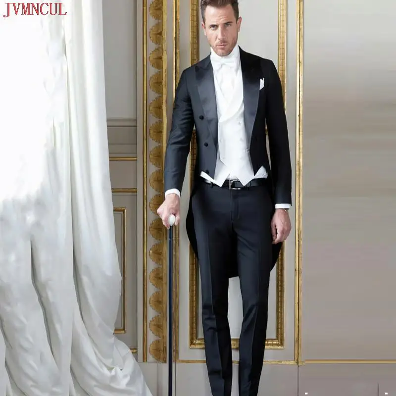 

Costume Homme Mariage Italian Black Tailcoat Long Jacket Morning Party Men Suits Pants Terno Masculino Groom Tuxedos 3 Pieces