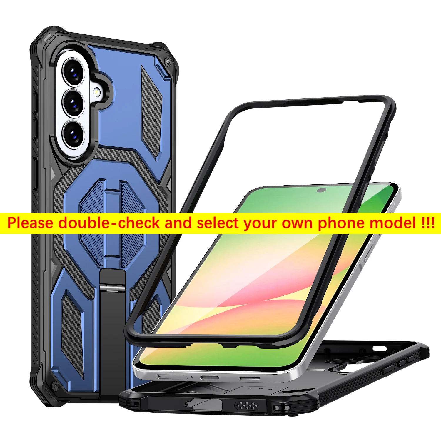 Rugged Armor Phone Case with Magnetic Stand and Rotating Cover
