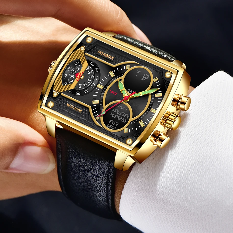 FOXBOX Mens Watches Top Brand Luxury Leather Strong Luminous Watch Men Fashion Analog Digital Quartz Watch For Men Reloje Hombre