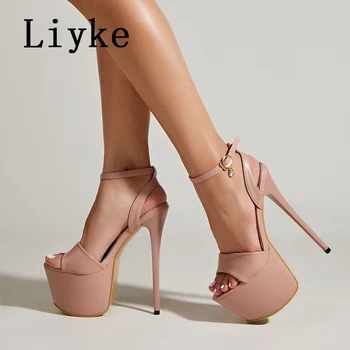 Liyke-섹시한 오픈 토 플랫폼 하이힐 샌들 여성용, 17CM, 발목 버클 스트랩, 파티, 나이트 클럽 스트리퍼, 신발, 펌프스, 여름 패션