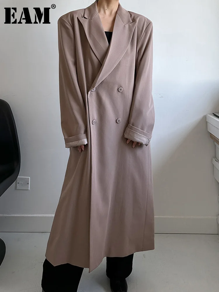 

[EAM] Women Coffee Color Long Big Size Blazer New Lapel Long Sleeve Loose Fit Jacket Fashion Tide Spring Autumn 2024 1DH1734
