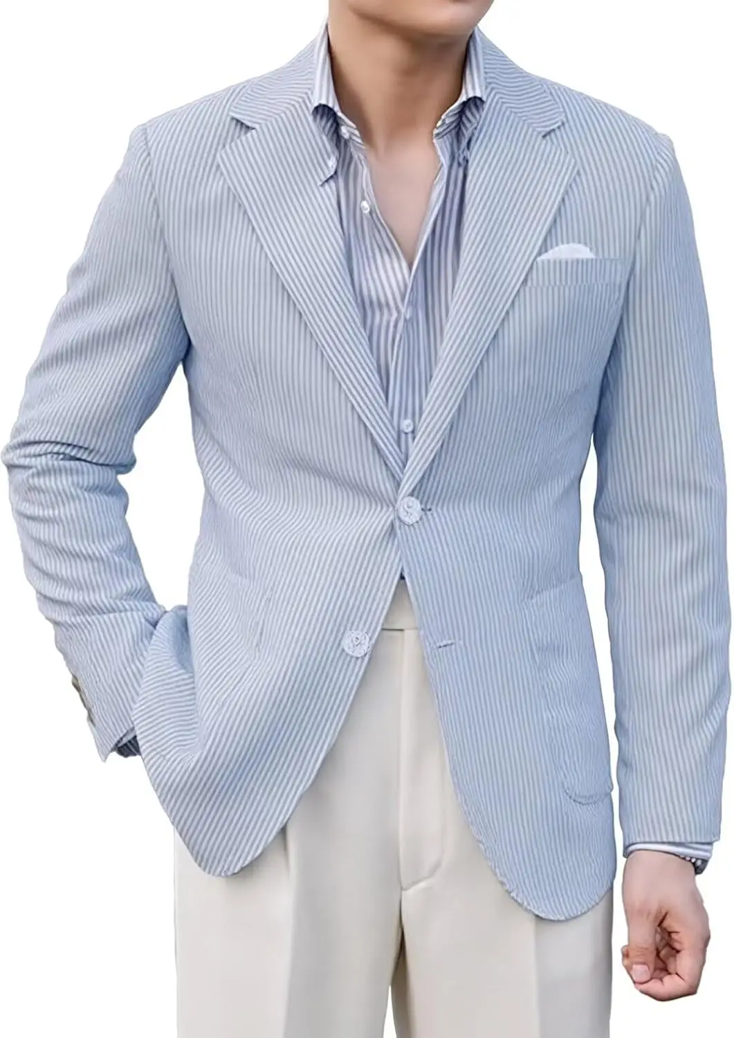 

Men's Blue Seersucker Suits Set Grooms Wedding Formal Blazer Jacket with Trousers 2 Piece Slim Fitted Coat+Pants Customize