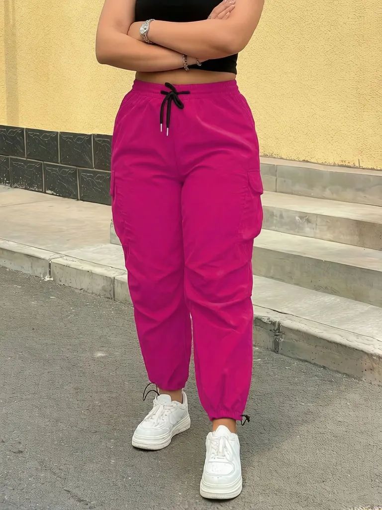Women's Casual Streetwear Pink Cargo Pants Loose Drawstring Waist Jogger Trousers Plus Size Trendy Spring Summer Fashionable 4