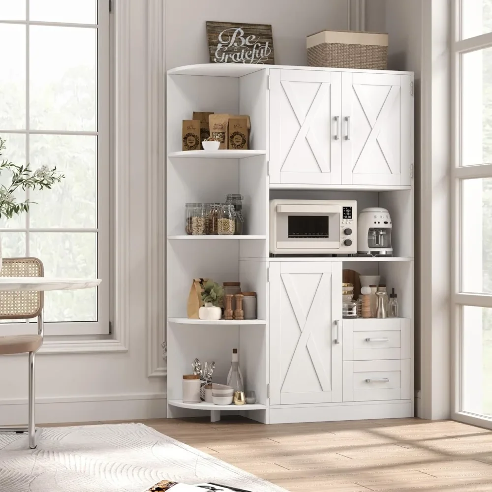 60.4" Farmhouse Kitchen Storage Cabinet, Freestanding Cabinet with Doors and Shelves, White 2