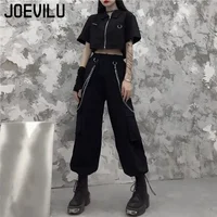 Cargo Pants Suit Short Sleeve Slim Shirt High Waist Chain Sweatpants Two Piece Sets Women's Summer Korean Hip-hop Gothic Outfits 1