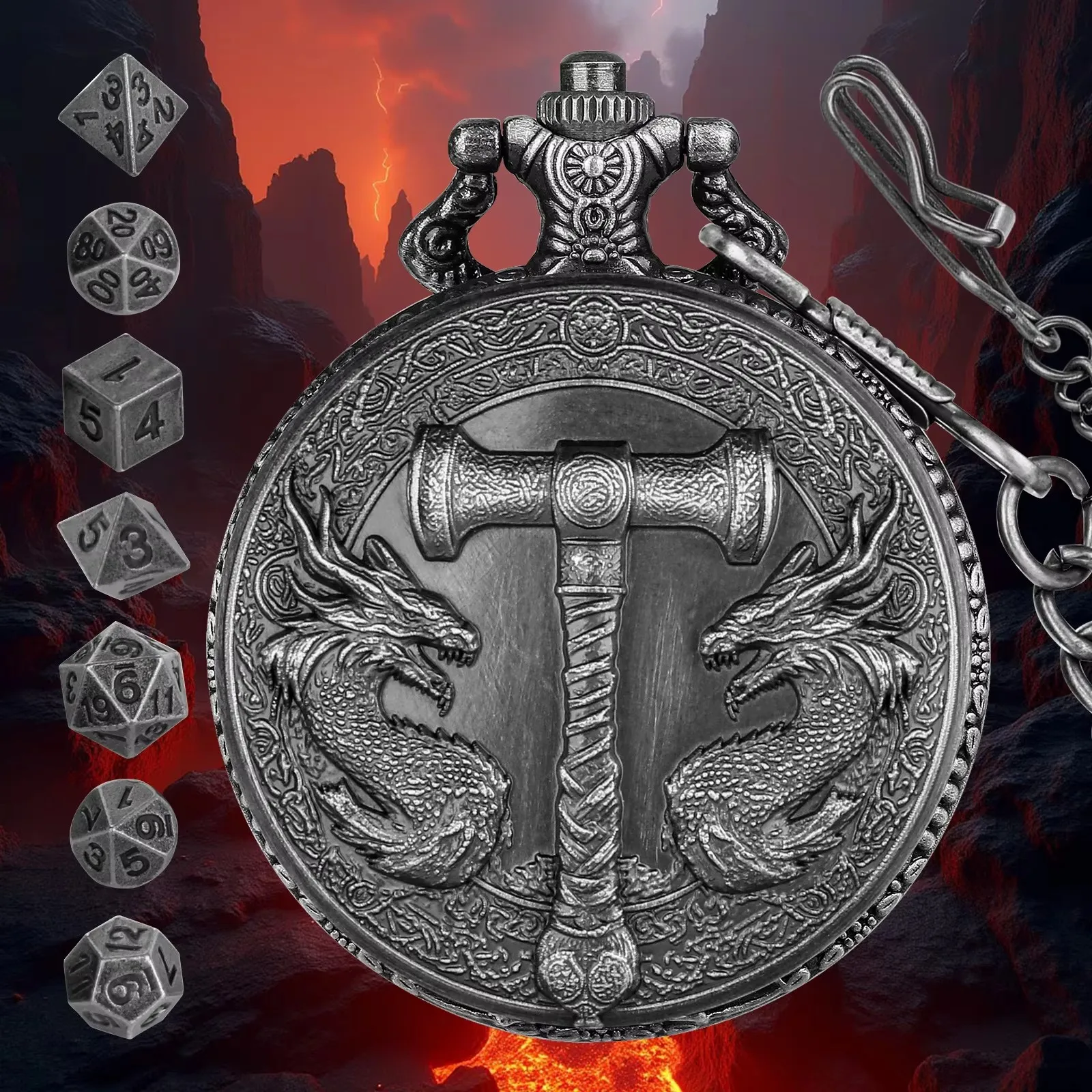 Vintage-Inspired Double Dragon DND Dice Jewelry Pocket Watch Case with 7 Metal Dice Set
