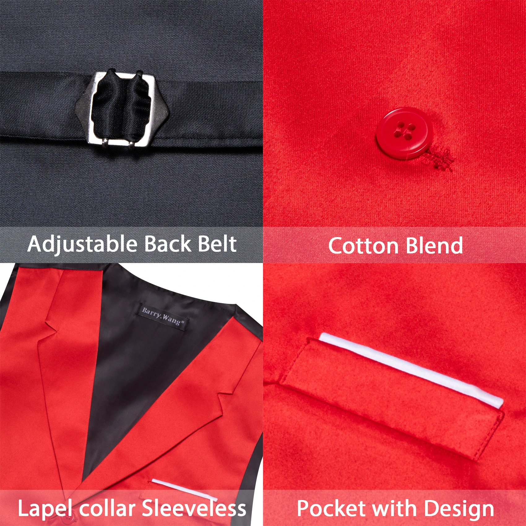 Luxury Silk Men's Vest Red Solid Plain Satin Waistcoat Tie Pocket Square Set Sleeveless Jacket Formal Wedding Suit Barry Wang