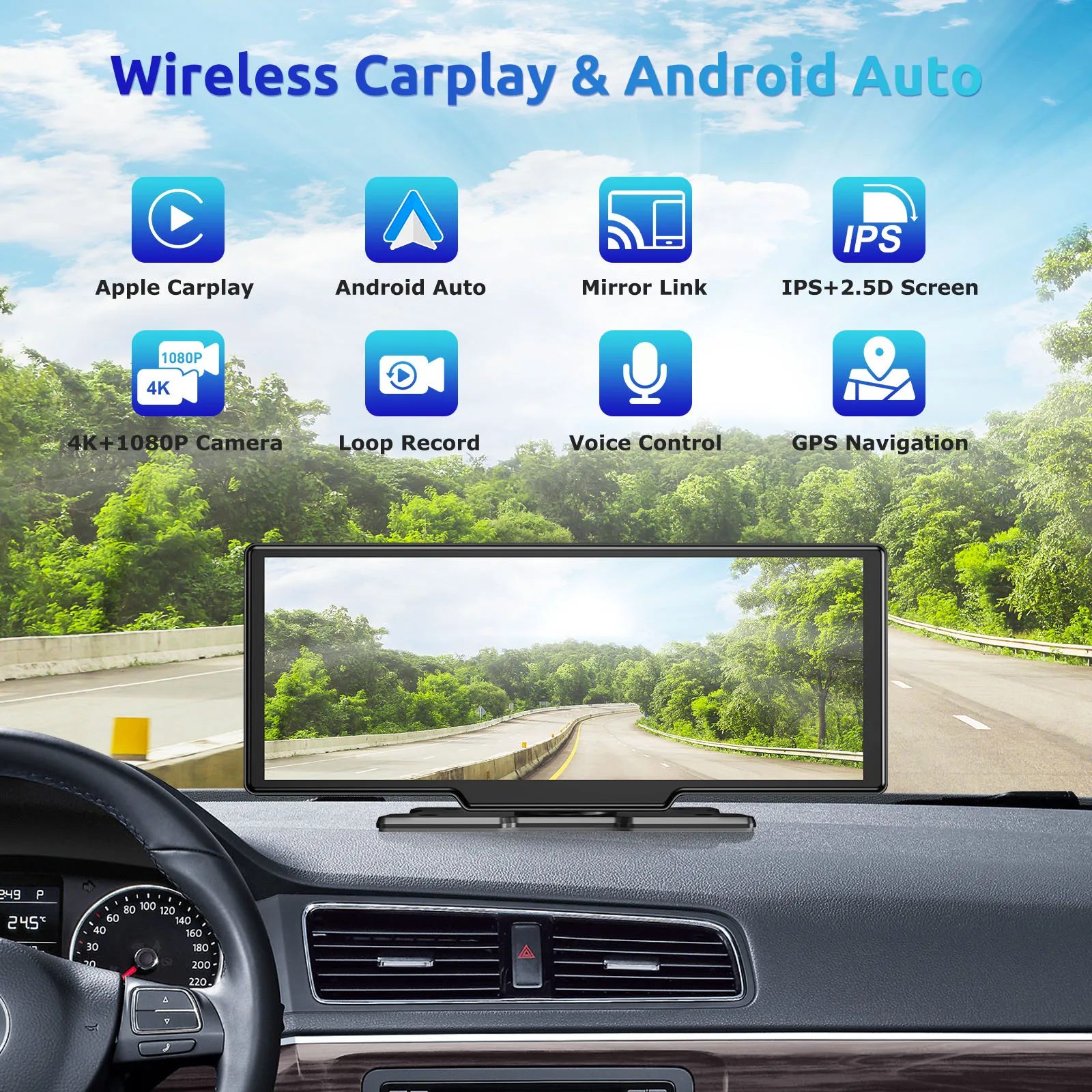 10.26" Portable Wireless Car Stereo With CarPlay & Android Auto - Includes 4K Dash Cam & Backup Camera, Bluetooth, GPS