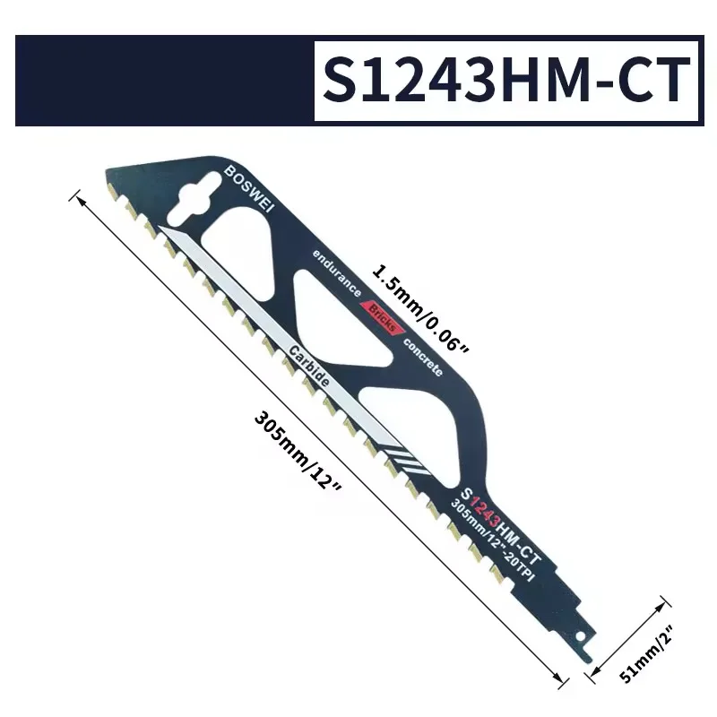 1pc 12in Demolition Masonry Reciprocating Saw Blade-Hard Alloy Blade for Cutting Brick, Wood, Metal, PVC Tube, Porous Concrete reciprocating saw blades