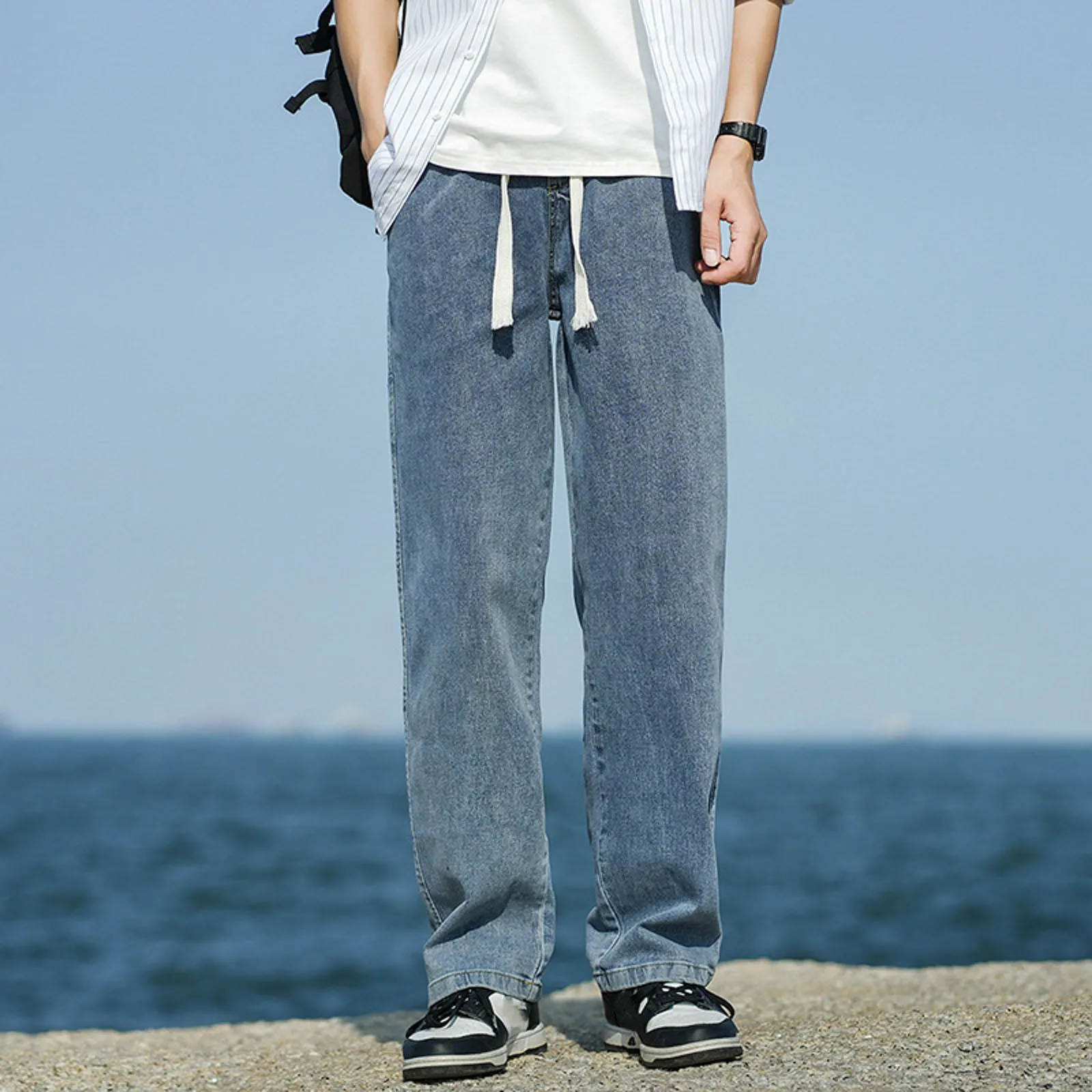 

Mens High Elastic Straight Leg Loose Slim Jeans Mens Trousers Casual Sports Pants Solid Color Lightweight Chinos Pants Men