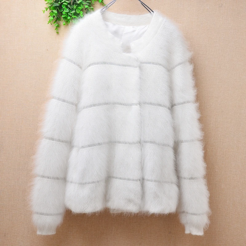 

Female Women Fall Winter Clothing White Striped Hairy Mink Cashmere Knitted Long Sleeves Slim Cardigans Jacket Sweater Coat Pull