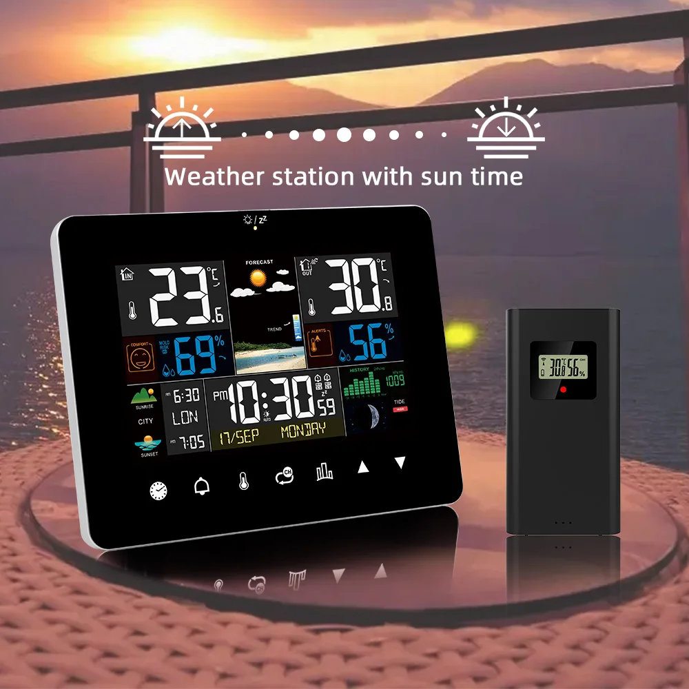 

Sunrise And Sunset Hygrometer Thermometer Touch Screen Operation Weather Station Alarm Clock With Wireless OutdoorSensor